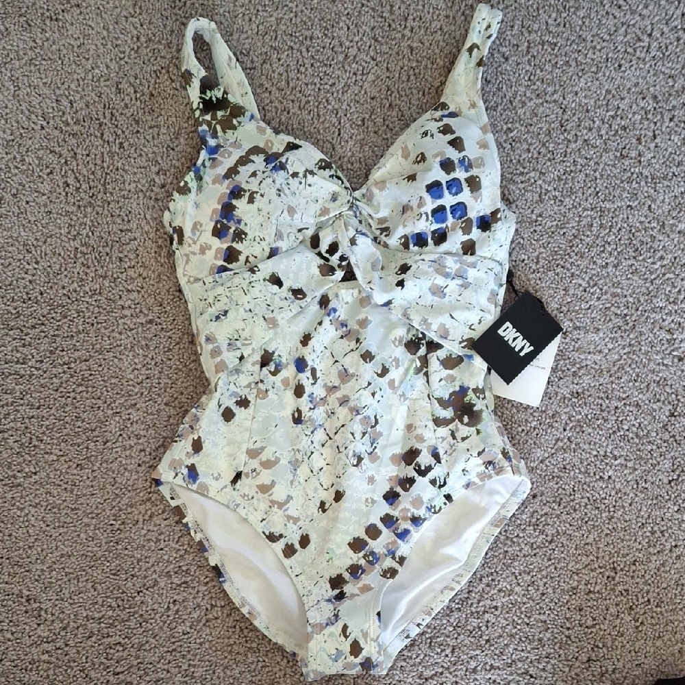 DKNY Blue and White One Piece Swimsuit with V-Neckline